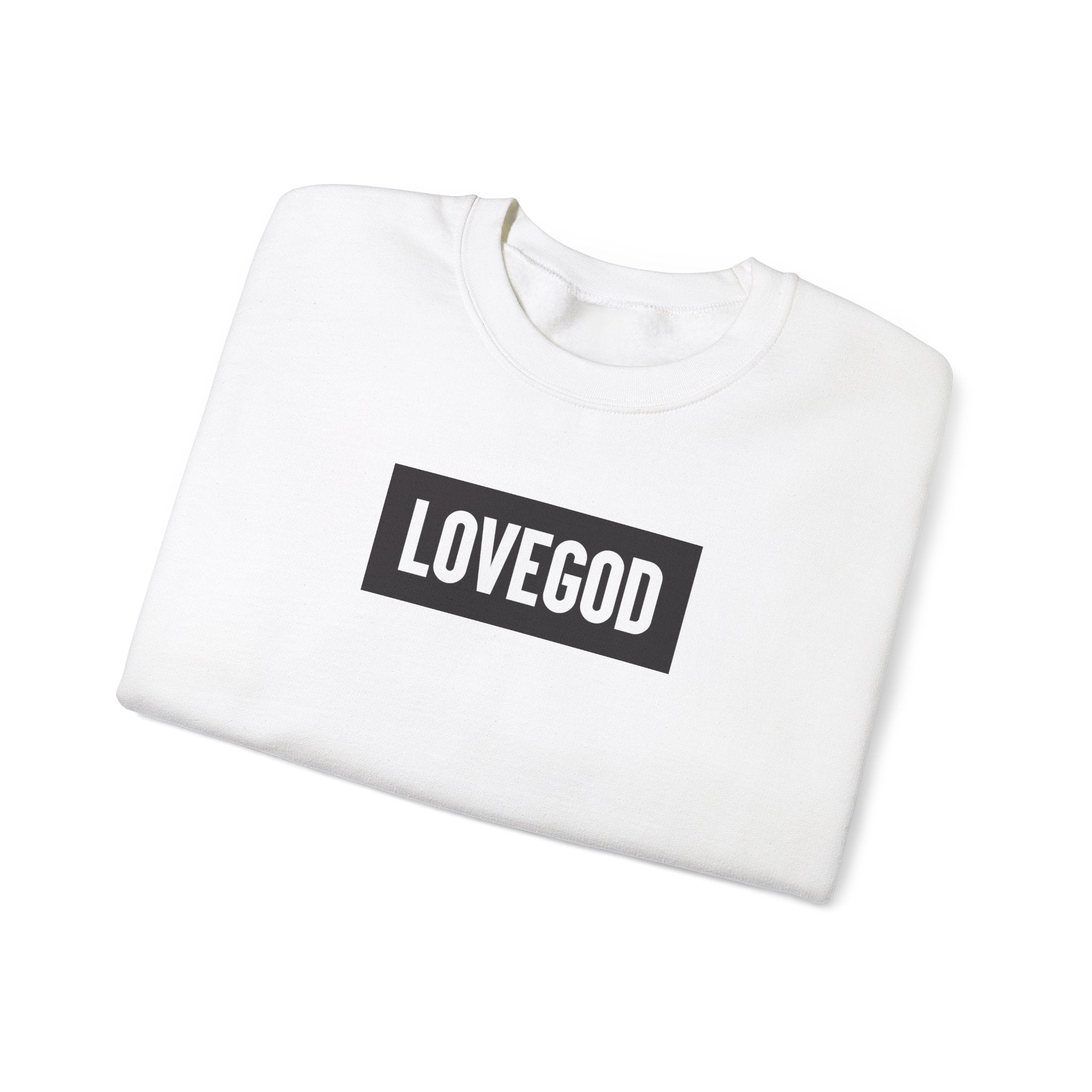 LOVEGOD White Unisex Heavy Blend™ Crewneck Sweatshirt - Black Logo