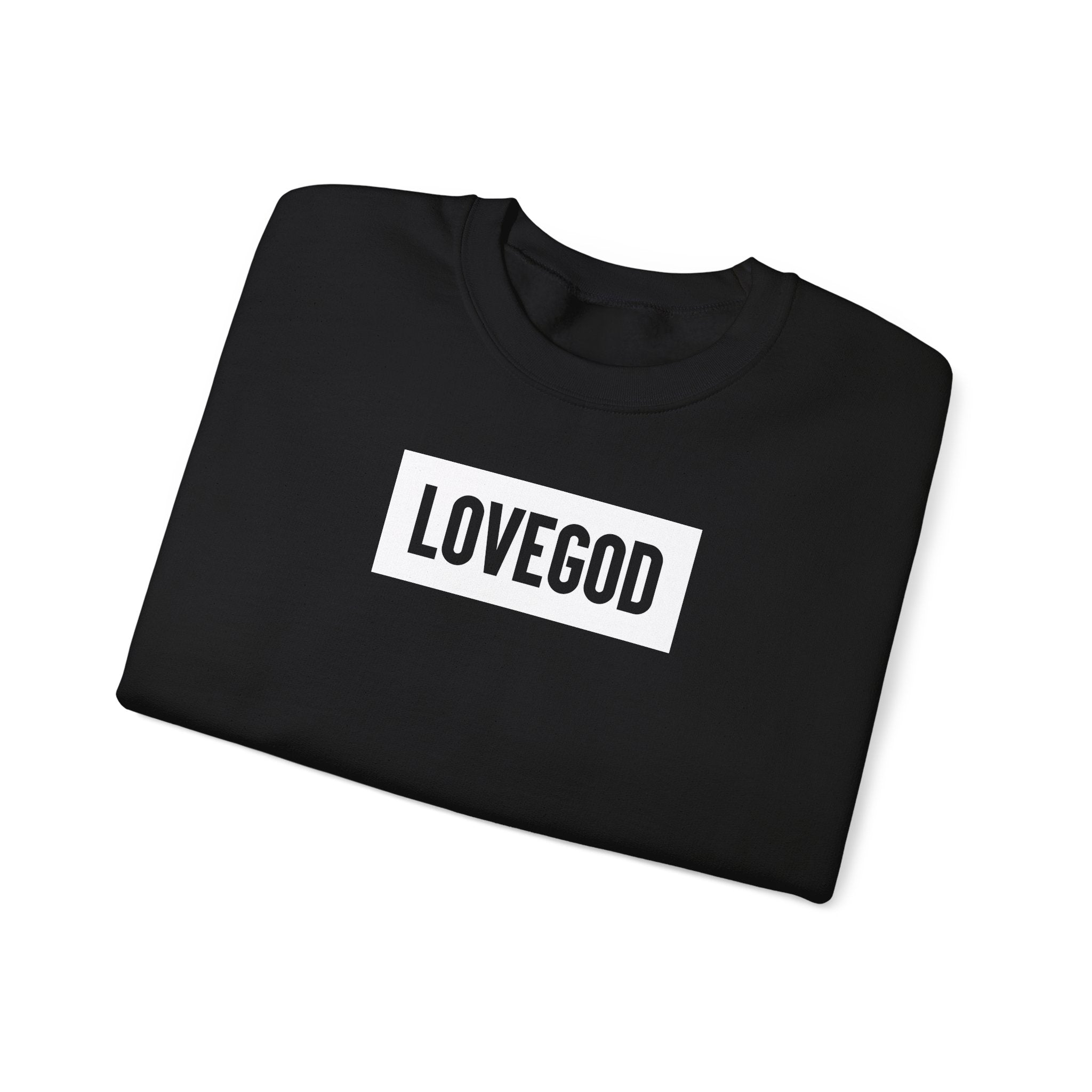 LOVEGOD Unisex Heavy Blend Black Crewneck Sweatshirt - White Logo