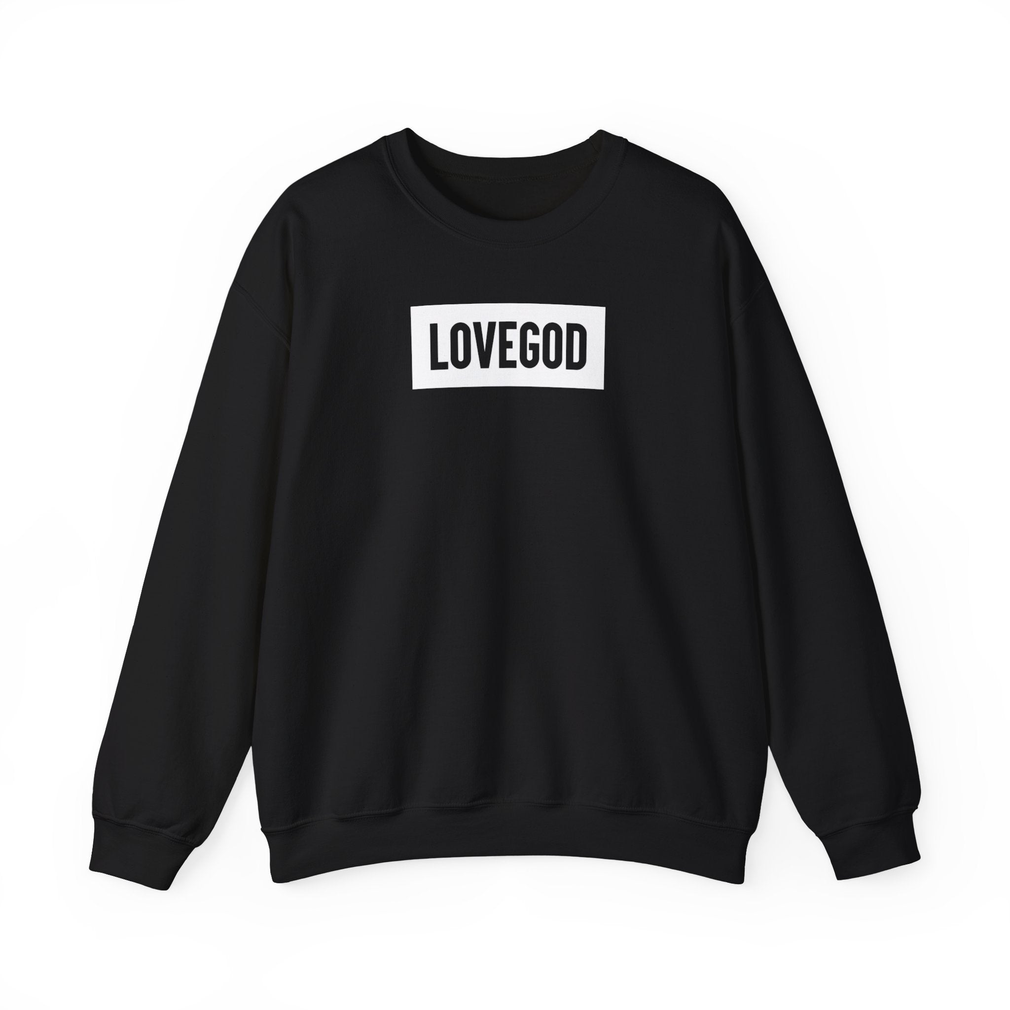 LOVEGOD Unisex Heavy Blend Black Crewneck Sweatshirt - White Logo