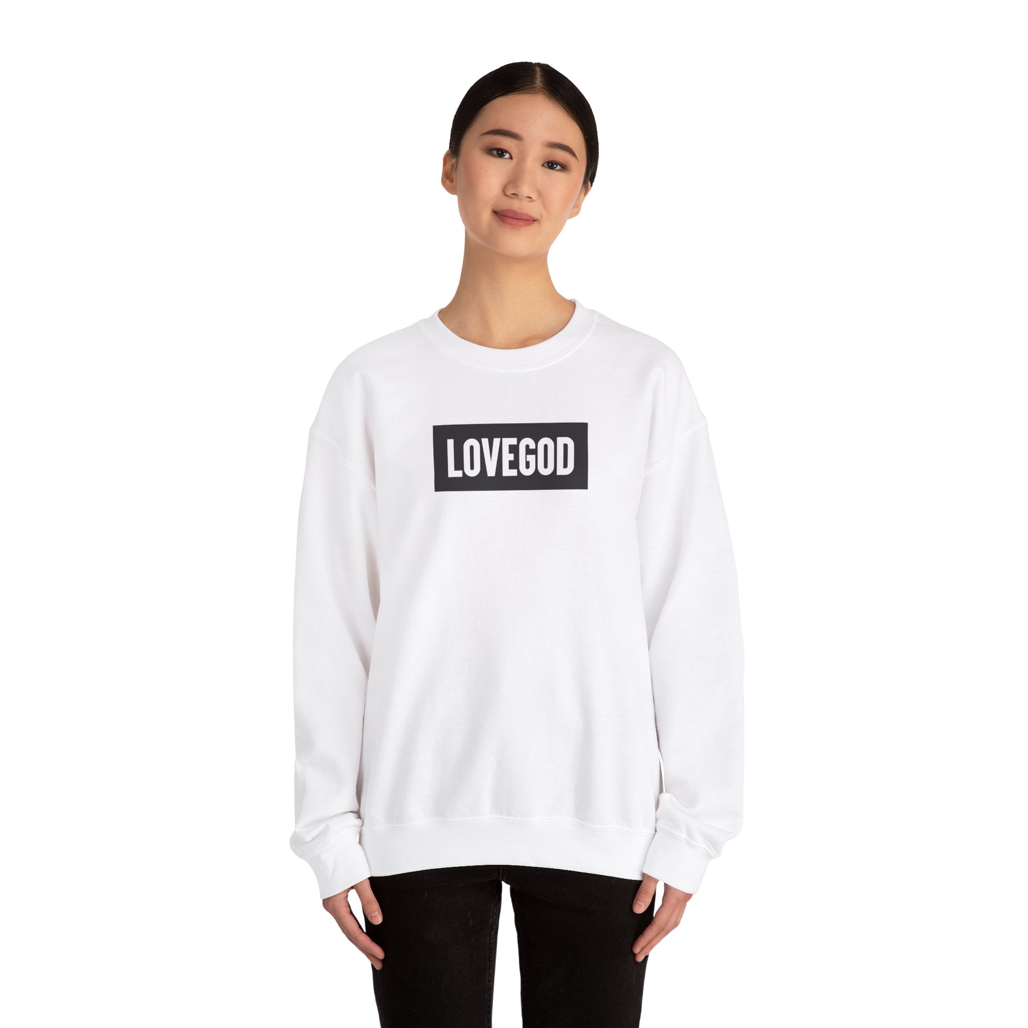 LOVEGOD White Unisex Heavy Blend™ Crewneck Sweatshirt - Black Logo