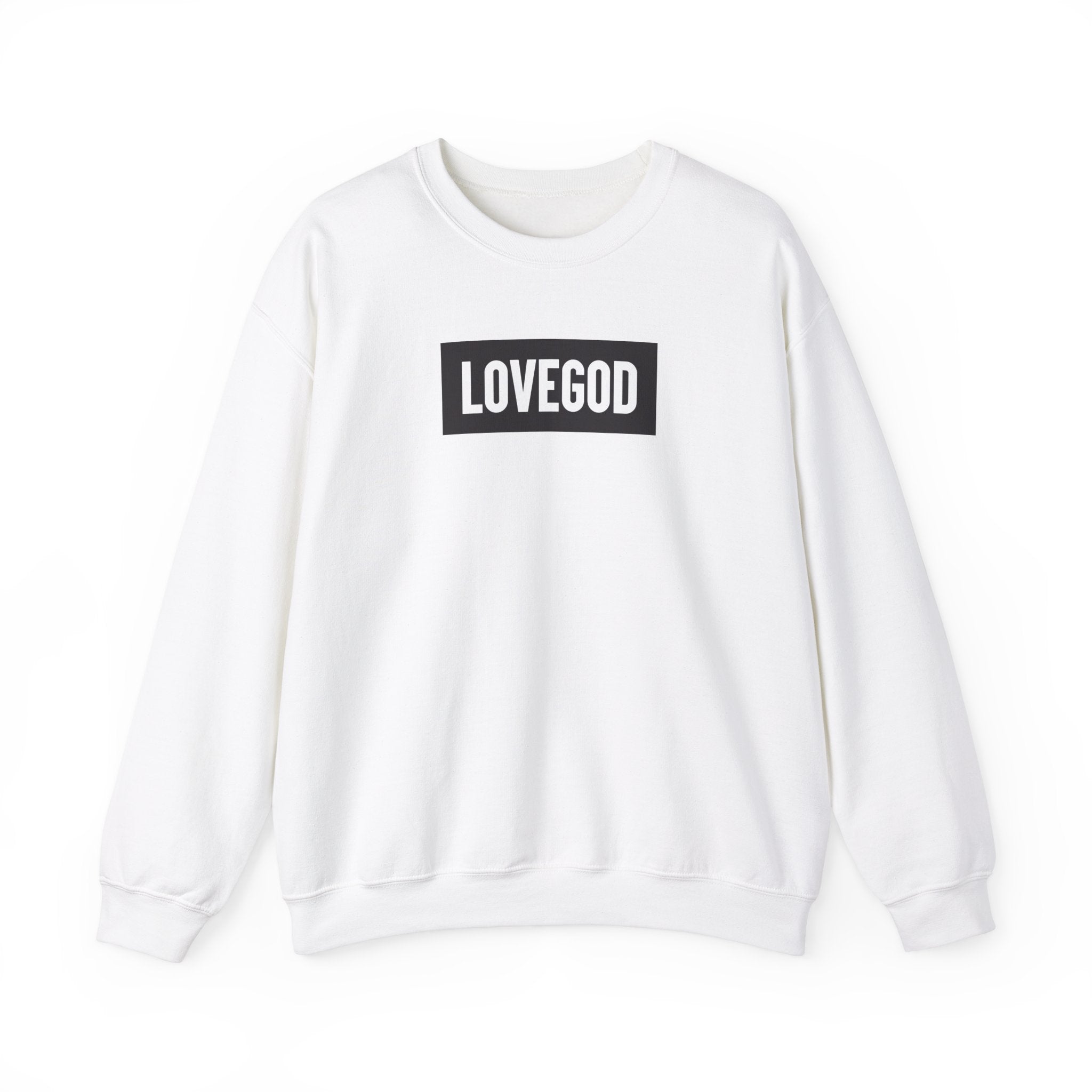 LOVEGOD White Unisex Heavy Blend™ Crewneck Sweatshirt - Black Logo