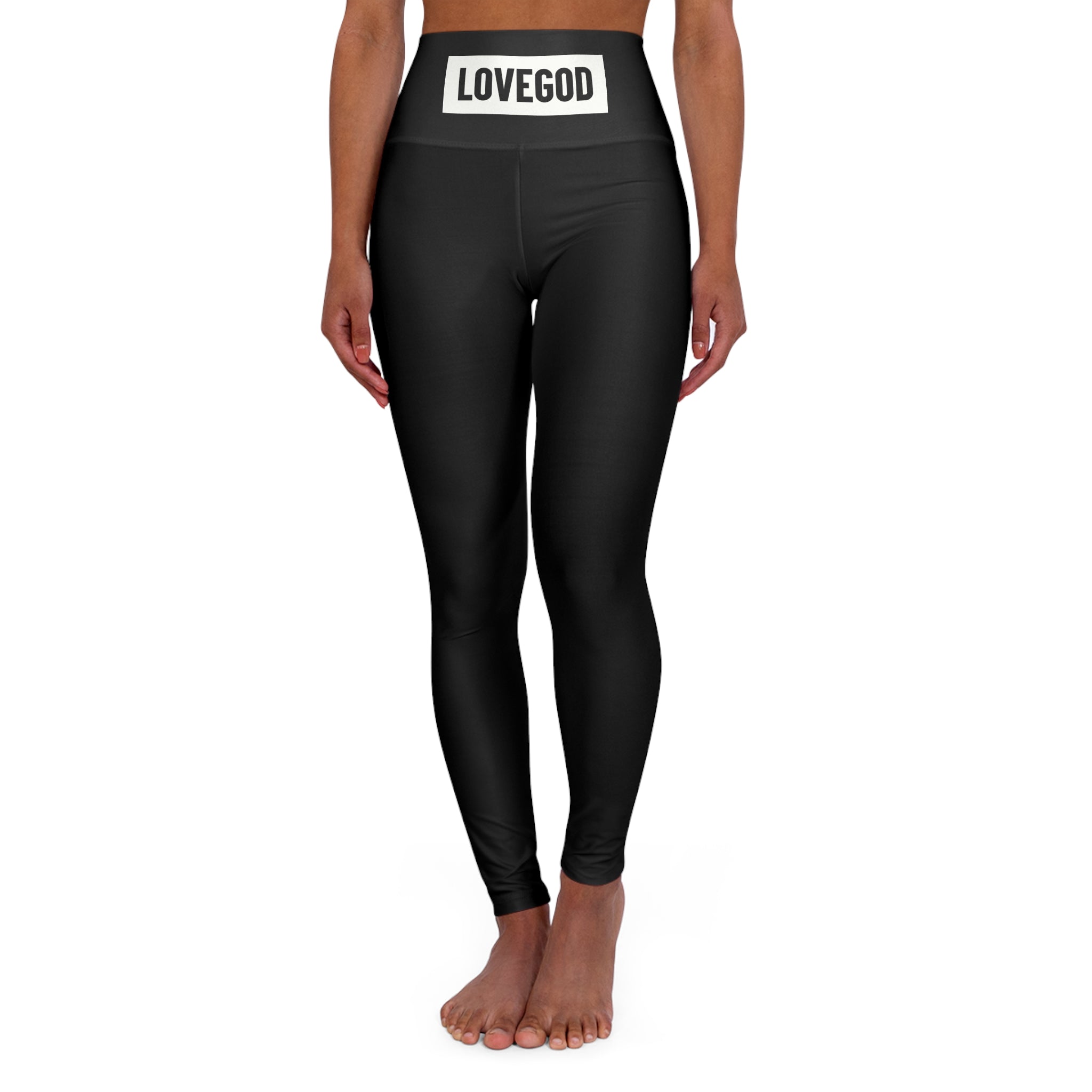 LOVEGOD - Womens High Waisted Black Yoga Leggings - White Logo