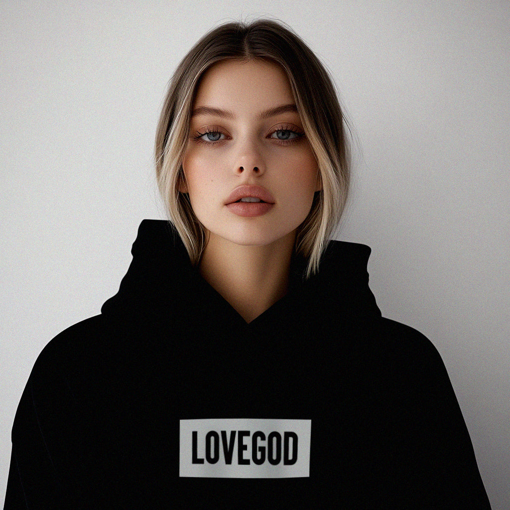 LOVEGOD Unisex Black College Hoodie - White Logo