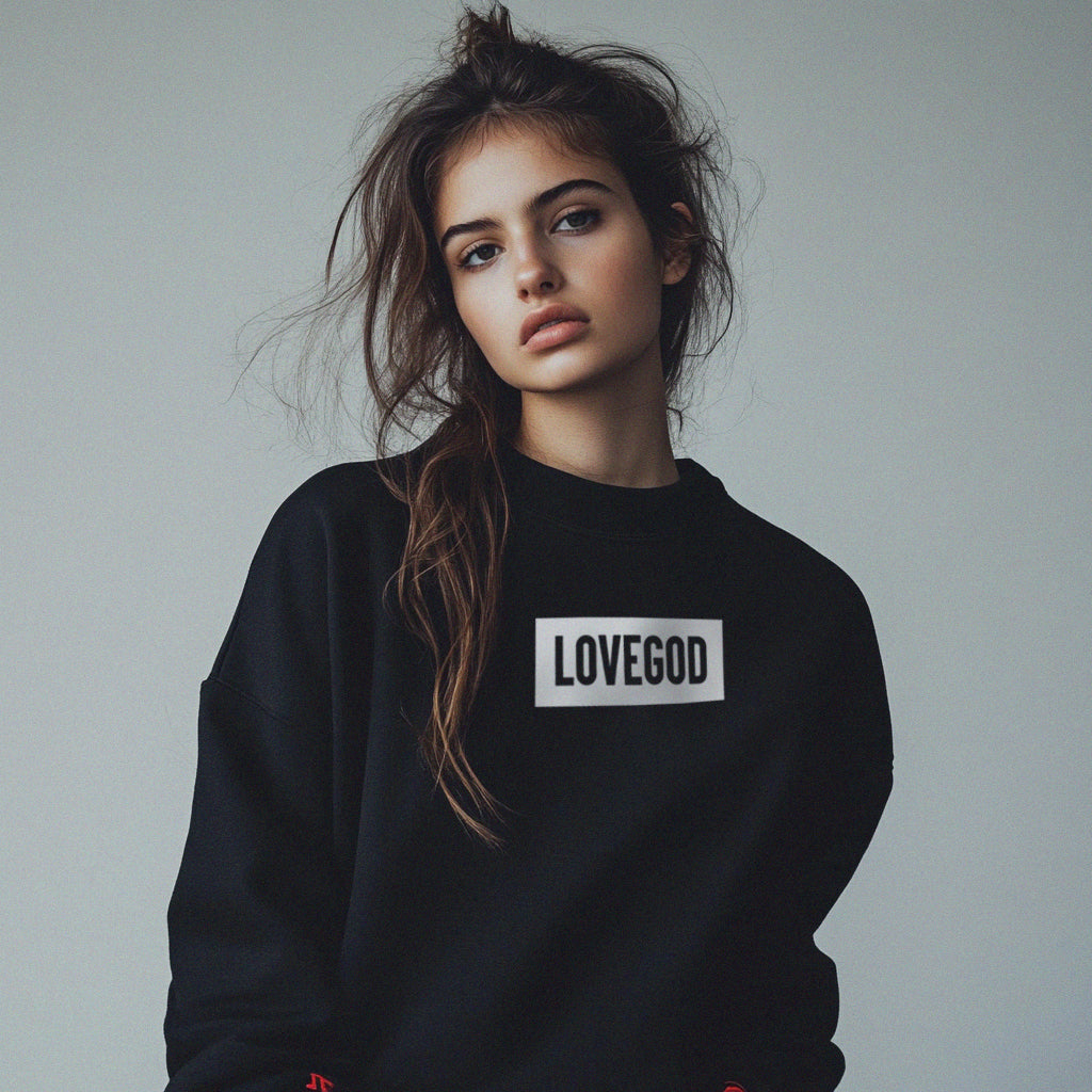 LOVEGOD Unisex Heavy Blend Black Crewneck Sweatshirt - White Logo